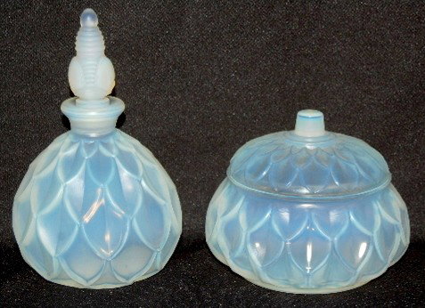 Sabino Art Glass "Petalia" Dresser Set: Sabino Art Glass "Petalia" Dresser Set: 1.) Perfume Bottle, incised Sabino, Paris; 5 1/2" with stopper. 2.) Powder Box, marked with incised Sabino, Paris and embossed Sabino, France; also has paper la