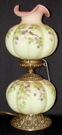Fenton Glass Burmese GWTW Table Lamp: Fenton Glass Burmese GWTW Table Lamp: blackberry and bird decorated; marked F designed by Stacy Williams; hand painted by D. Barlow #363/950. No condition problems. 24".