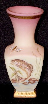 Fenton Glass Burmese "Fish and Dragonfly" Vase: Fenton Glass Burmese "Fish and Dragonfly" Vase: marked on the bottom F, designed by J.K. Spindler, #716/1450, hand painted by Diane Gene. No condition problems. 8".