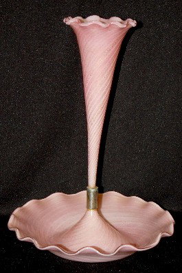 Pink and White Lutz Swirl Epergne Vase: Pink and White Lutz Swirl Epergne Vase: not marked. No condition problems. 13 1/2 T.