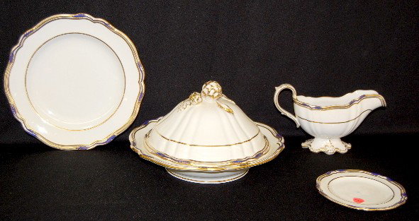 21 Pieces of Copeland China Dinnerware: 21 Pieces of Copeland China Dinnerware: marked Copeland China, England and Burley & Co. Chicago; trimmed with gold and a touch of blue; eleven deep well dinner plates, 10 1/2"; seven bread plates, 6";