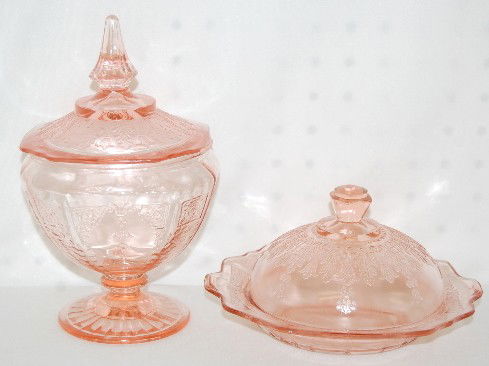 2 Pink Depression Glass "Princess" Dishes: 2 Pink Depression Glass "Princess" Dishes: 1.) Covered candy jar. 2.) Covered butter dish. Expected minor roughness to glass of this age. Tallest 9".