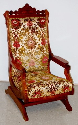 Victorian Walnut Carved Platform Rocker: Victorian Walnut Carved Platform Rocker: burl panel; nice small carvings; thick plush upholstery with flat arm rests. *Please note, this item ships F.O.B. which means you, the buyer, must make all pac