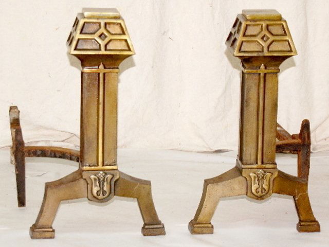 Pair of Arts & Crafts Decorated Andirons: Pair of Arts & Crafts Decorated Andirons: nice finish with insert braces. *Please note, thes items ship F.o.B. which means you, the buyer, must make all packing and shipping arrangements.*