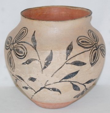 19th Century Pottery Vessel: 19th Century Pottery Vessel: possibly from the Zia tribe with floral designs; buff pottery body with painted red interior and outer base; circa late 19th to early 20th Century. (The black on off-white