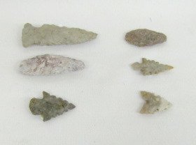 Blade With 2 Notches on One Corner: 6 Points of Various Styles, Longest 2 5/16": 1.) Light grey with side notches and slightly chipped tip, 2 5/16" 2.) Unfinished tip, 2" L 3.) Tiny brown scraper, 1 5/16" 4.) The last 3 have multiple no