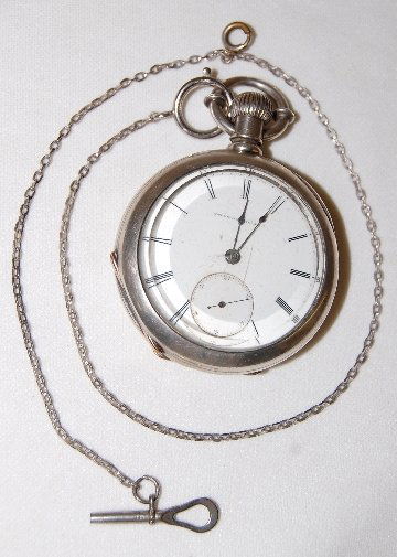 National Watch Co. 18S, H.H. Taylor Pocket Watch: National Watch Co. 18S, H.H. Taylor KW, OF Coin Silver Pocket Watch: serial number 144020, full plate, with a SS dial; original heavy crystal; in a Fahy's No. 1 coin silver case numbered B3472; comes