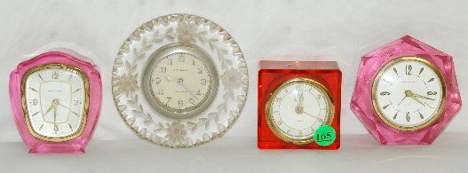 4 Vintage Acrylic Dresser Clocks: 4 Vintage Acrylic Dresser Clocks: 2 Phinney Walker, pink; Dunhill Revelle; New Haven clear floral. Untested All as is.