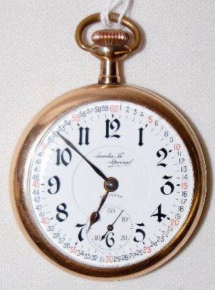 Illinois 21J, Santa Fe Special, 16S Pocket Watch: Illinois 21J, Santa Fe Special, 16S, LS, DR, 3/4, OF Pocket Watch: The triple signed, two-tone movement has serial number 2885707, adjusted temperature and ?? Positions, the Montgomery DS dial, looks