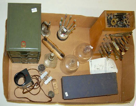 Tools & Parts Including Glass Domes: Tools & Parts Including Glass Domes: the 2 glass domes are clear glass; one has a chipped finial. These are used to keep dust off of projects. Also a hand made & free standing screw driver set; 4 draw