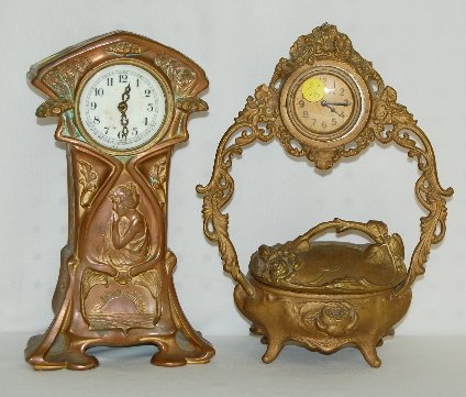 Jewelry Box and Lady Dresser Clocks: Jewelry Box and Lady Dresser Clocks: 1) New Haven Art Nouveau, floral Lady of Sunrise, no winder, as is, 10 3/4" T x 6 1/4" W 2) Flower basket style jewelry box clock. (Hinge needs fixed, has old repa