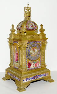 Tiffany French Bracket Clock w/ Porcelain Panels: Tiffany French Bracket Clock w/ Porcelain Panels: heavy brass frame w/ ornate decorated porcelain panels; romantic scenes and portraits; T & S; signed Tiffany movement; 23 1/2" T x 12 1/2" W x 11" D (