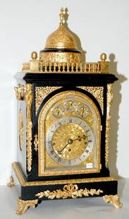 English Fusee Nesting Bell Bracket Clock: English Fusee Nesting Bell Bracket Clock: chain fusee, 9 bells & 9 gongs, ebonized & gilded ornate cabinet w/ human figures & floral motif. 28" T x 13" W x 13" D