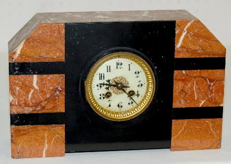 French Art Deco Marble Shelf Clock: French Art Deco Marble Shelf Clock: porcelain dial; T & S. 8 3/4" T x 13 1/2" W. (No bell or pendulum.)