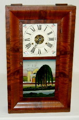 Clark, Gilbert 2 Weight OG Clock: Clark, Gilbert 2 Weight OG Clock: brass T & S movement; newly painted metal dial; old weeping willow and mansion lower tablet; good inside label. 26"