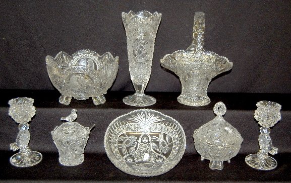 8 Pieces Lead Crystal Glass W/Birds: 8 Pieces Contemporary Lead Crystal Glass: 1.) Basket 2.) Large footed bowl 3.) Tall vase 4.) Medium low bowl. 5.) Covered candy. 6.) Covered candy. 7.) Pair of candleholders w/ figural bird stems. All
