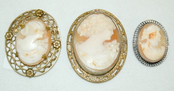 3 Shell Carved Cameo Brooches/Pendants: 3 Shell Carved Cameo Brooches/Pendants: 1.) Grecian lady with nice facial features, floral decorated hair and shoulder strap. The frame has a hammered look and openwork and is decorated with multi col