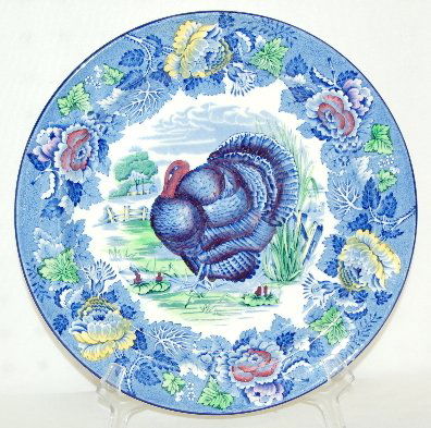 Wood Burslem England Transferware Turkey Plate: Wood Burslem England Turkey Plate: beautifully colored with blue, mulberry, yellow and green on white, marked on back. 10" No condition problems.