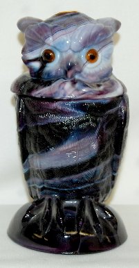 Imperial Glass Purple Slag Owl Mustard Jar: Imperial Glass Purple Slag Owl Jar: the owl head lid has glass eyes; maker's label is inside. No condition problems. 6 1/2" T