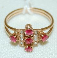 10K Gold Ring With 5 Rubies & 8 Seed Pearls: 10K Gold Ring With 5 Rubies & 8 Seed Pearls: Rubies are 1/8 Karat; unmarked, jeweler tested. Size 5 3/4"