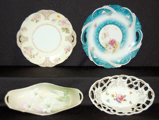 Old Ivory, Germany, Silesia & Other Cake Plates: Old Ivory, Germany, Silesia & Other Cake Plates: 1.) Old Ivory No. 63 cake plate marked Silesia; rose decorated. 2.) Unmarked cake plate with handles; fnacy mold with floral silhouettes, small flower 