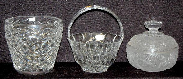 Crystal Basket, Vase & Frosted Candy Dish : Crystal Basket, Vase & Frosted Candy Dish: 1.) Crystal vase with lattice and leaf pattern, unmarked. 2.) Polish lead crystal clear basket with paper label. 3.) Round frosted candy dish, rose pattern. 