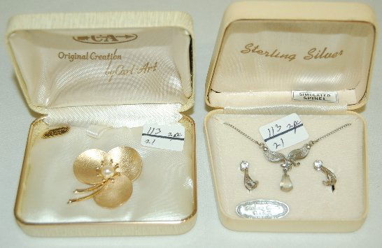 Sterling & Carl Art Gold Filled Jewelry: Sterling & Carl Art Gold Filled Jewelry: 1.) Sterling necklace and earring set with simulated spinel. The spinel in this case was made to imitate diamonds, as it is clear. 2.) "Original Creation by Ca