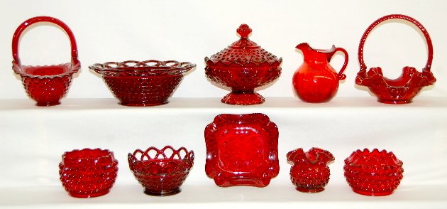 10 Ruby Glass Items, Vases, Baskets, Dishes: 10 Ruby Glass Items, Vases, Baskets, Plus: Hobnail, Daisy & Button; lattice, baskets, compote, rose bowls, ash tray, pitcher. Fenton mark on basket.
