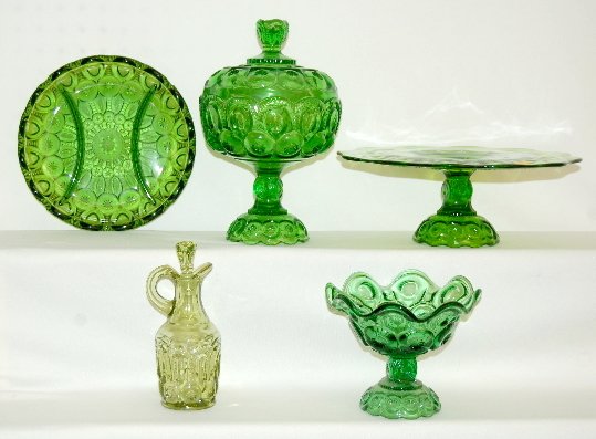 5 Pieces Green Moon & Star Glass, Cake Stand: 5 Pieces Green Moon & Star Glass: LE Smith Co. 1.) 4 emerald: pedestal cake plate; covered compote; divided relish; flared rim stemmed bowl. 2.) Olive green cruet, no stopper. No condition problems. 1