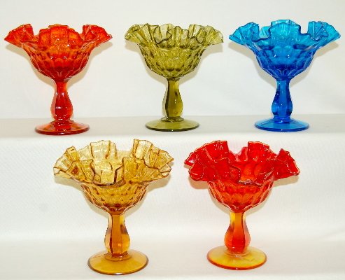 5 Fenton Open Jelly Compotes: 5 Fenton Open Jelly Compotes: w/ ruffled edge; 2 red/orange, blue, amber & green. 6 1/2" T No condition problems.