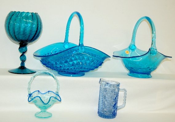 5 Pieces Blue Glass, Baskets, Pitcher & Chalice: 5 Pieces Blue Glass, Baskets, Pitcher & Chalice: 1.) Fenton ice blue basket w/ lavender rim, marked on bottom. 2.) Clear blue basket w/ MR stamped into handle attachments; Fleur de lis mold. 3.) Clear