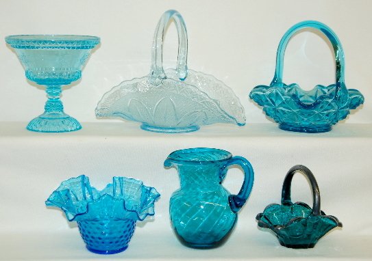6 Pieces Fenton & Other Blue Glass, Baskets, More: 6 Pieces Fenton & Other Blue Glass: 1.) Fenton hobnail ruffled bowl; large star mold basket. 2.) Teal silver resist basket w/ castle scene. 3.) Ice blue basket, leaf and diamond point pattern. 4.) Blu