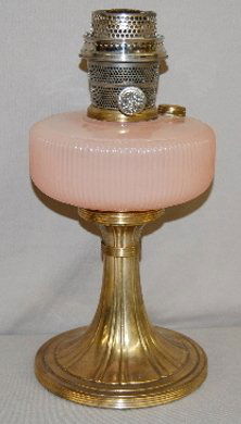 Aladdin B-98 Rose Moonstone "Queen" Lamp: Aladdin B-98 Rose Moonstone "Queen" Lamp: silver plate base. 11 1/2" T (Worn silver base.)
