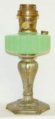 Aladdin B-122 Green Moonstone "Majestic" Lamp: Aladdin B-122 Green Moonstone "Majestic" Lamp: with silver plated base; Model B burner. 11 1/2" T (Base tarnished.)