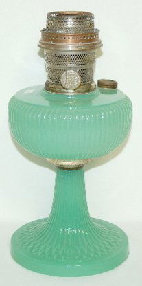 Aladdin B-92 Jade Moonstone "Vertique" Lamp: Aladdin B-92 Jade Moonstone "Vertique" Lamp: Nu-Type Model B Burner; has fill cap; plain silver finish connector. 9 1/2" Tall. (Burner top is dented.)