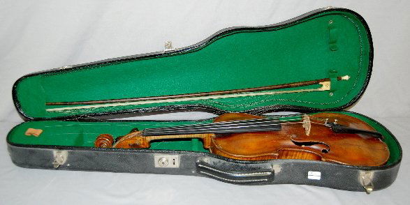Violin w/ Bow & Case: Violin w/ Bow & Case: marked Aubert & Mirecourt; appears used; bow w/ black and abolone attachments. 24" (Some wear to violin front.)