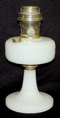 Aladdin B-85 White "Diamond Quilt" Lamp: Aladdin B-85 White Moonstone "Diamond Quilt" Lamp: nickel Model B burner. 9 1/2" T No condition problem.