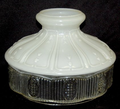 Aladdin Style Satin White Glass Lamp Shade: Aladdin Satin Glass & Prism Lamp Shade: satin white glass 10 panel shade with crystal prism bottom sides. Shown on page 46 in Aladdin by J. W. Courter. 9 1/2" Dia. (Minor rim roughness.)