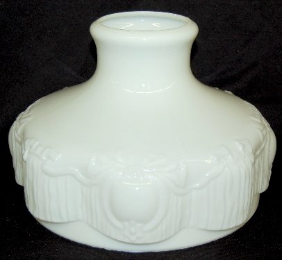 Aladdin Opal Glass Lamp Shade No. 201-6: Aladdin Opal Glass Lamp Shade No. 201-6: ribbon border with 4 medallions and ribbed bottom; unpainted. 9 7/8" Dia. (Rim roughness to top and bottom of the shade.)