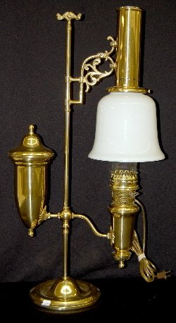 Aladdin 75th Anniversary Brass Student Lamp: Aladdin 75th Anniversary Brass Student Lamp: 1908-1983; Commemorative reproduction of Model 4 Student lamp; electric with 2 adjusting slides; bell shade and chimney. Paperwork included. 34" T