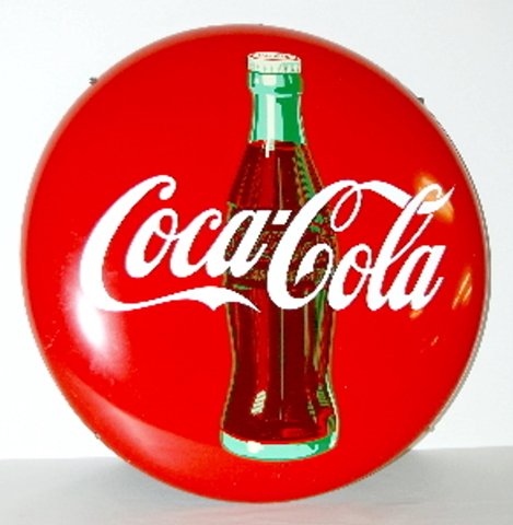 1950's Porcelain "Coca Cola" Button Disc Sign: 1950's Porcelain "Coca Cola" Button Disc Sign: red with Coca Cola bottle. 24" Dia. Condition 9-9.5