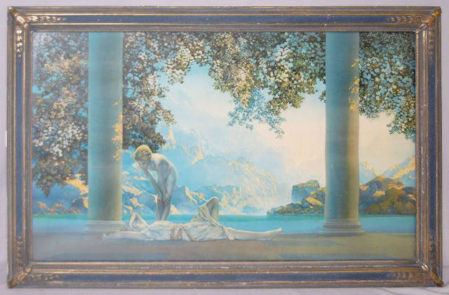 Maxfield Parrish "Daybreak" Framed Print, 1923: Maxfield Parrish "Daybreak" Framed Print, 1923: depicting a mountain scene w/ a naked youth and a Grecian dressed woman. 18" x 30"