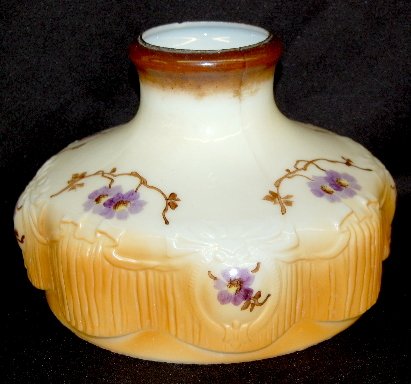 Aladdin Opal Glass Painted Lamp Shade No 201-6: Aladdin Opal Glass Painted Lamp Shade No 201-6: ribbon border with 4 medallions and ribbed sides; painted with purple flowers with a light brown bottom and a darker brown top. 9 3/4" Dia. (Rim chip on