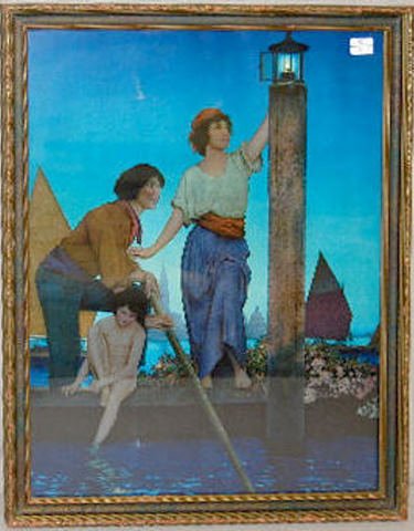 Maxfield Parrish Print "Venetian Lamplighter": Maxfield Parrish 1924 Print "Venetian Lamplighter": framed in original frame; depicting a young lady lighting a lamp on Venetian water way w/ a young man and naked child. 14 1/2" x 18 1/2" (Print has