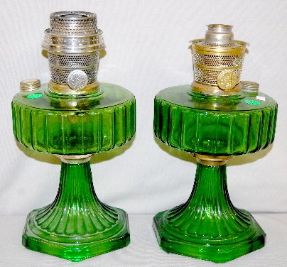 2 Aladdin B-102 Green Beta "Corinthian" Lamps : 2 Aladdin B-102 Green Beta "Corinthian" Lamps: 1.) with Model B burner, 9" T. 2.) with Model B burner and plain connector. 9" T No condition problems.