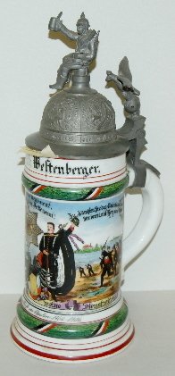 German Regimental Lithophane Stein, 1906: German Regimental Lithophane Stein, 1906: nicely decorated with a center decoration of a soldier, griffin, flag and 8 pointed star with the words "Suum Guique"; off to one side is a fighting regiment 
