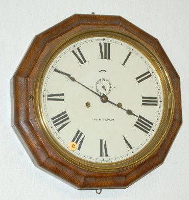 Seth Thomas Hanging Lever Clock, T & S: Seth Thomas Hanging Lever Clock, T & S: 8 day in a walnut veneer case with a partial label on the back. Not tested. (It has a new 12" metal dial.) 16"