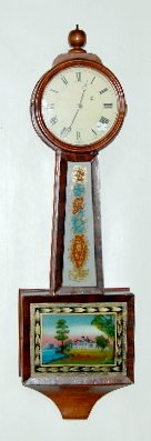 Banjo Clock, Signed L. Rogers, Weight Driven: Banjo Clock, Signed L. Rogers, Weight Driven: Painted metal dial; stenciled glass w/Mt. Vernon Scene. Has pendulum, weight and key. Not tested. (Some veneer damage.) 36" T