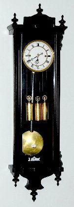 Vienna Regulator 3 Weight Wall Clock: Vienna Regulator 3 Weight Wall Clock: Ebonized case with side glass; porcelain dial, works not marked. Not tested. 45" T. **Please note, this item ships F.O.B. which means you, the buyer, must make al