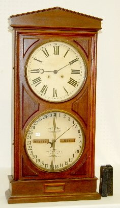 Ithaca No. 3 Weight Driven Shelf Clock: Ithaca No. 3 Weight Driven Shelf Clock: 8 Day bank clock; walnut case; double dial with month, day & date; 12"dials; has pendulum. Not tested, 39"T